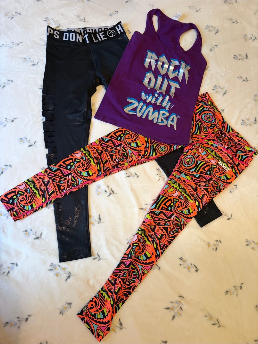 Zumba Fitness Purple Racerback Tank with Neon Pattern and black Leggings Set